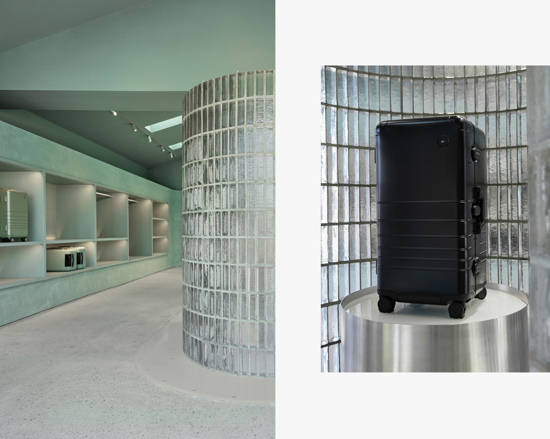 Black suitcase on a metallic platform with a modern interior setting