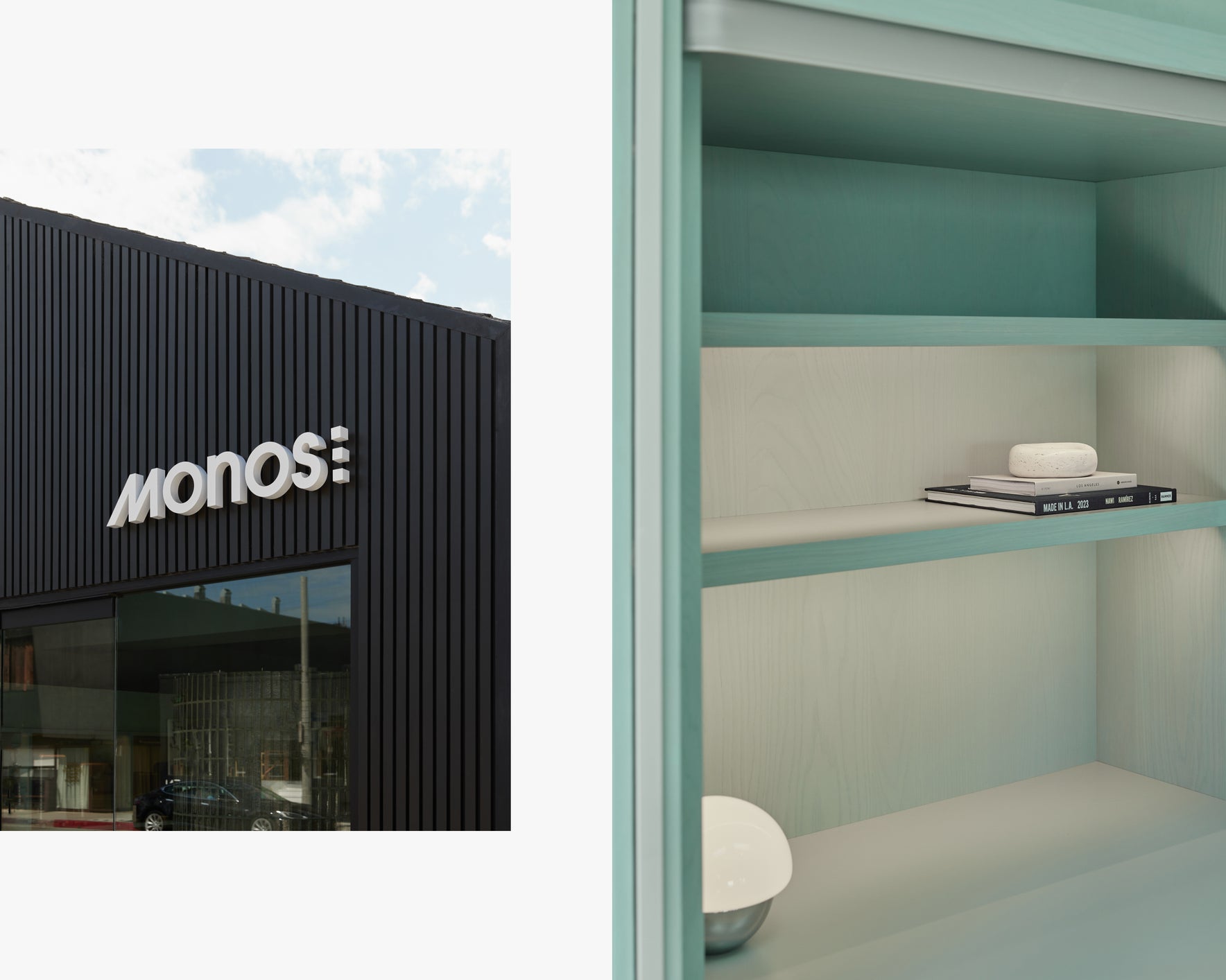 Monos logo on a building facade with a modern interior setting.