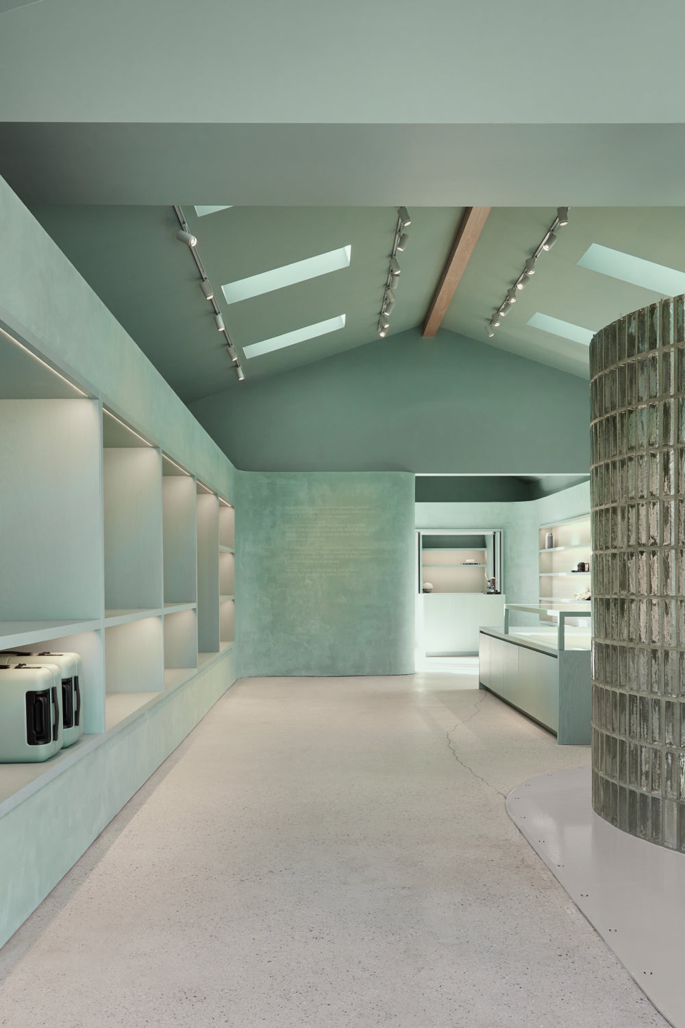 Modern interior design with light green walls and ceiling, featuring a large mirror and decorative elements.