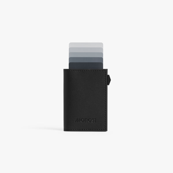 Carbon Black / Black | Front view of Slim Wallet Pro with cards in Carbon Black / Black