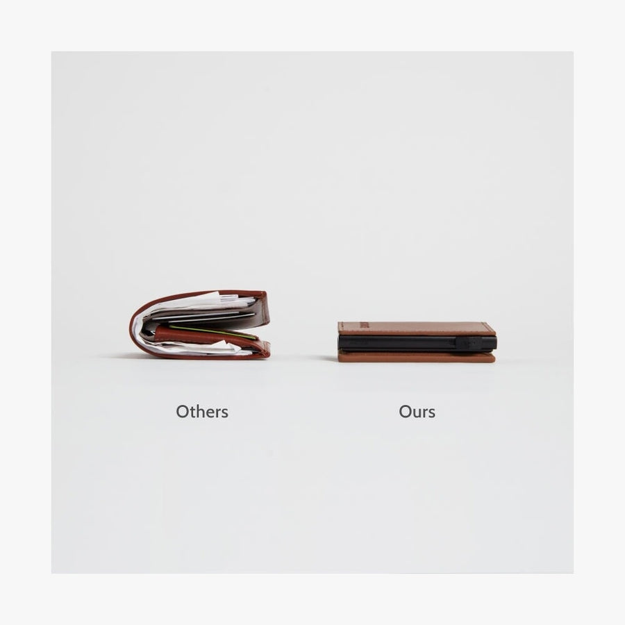 Mahogany / Black | Side-by-side comparison of a bulky traditional wallet labeled 