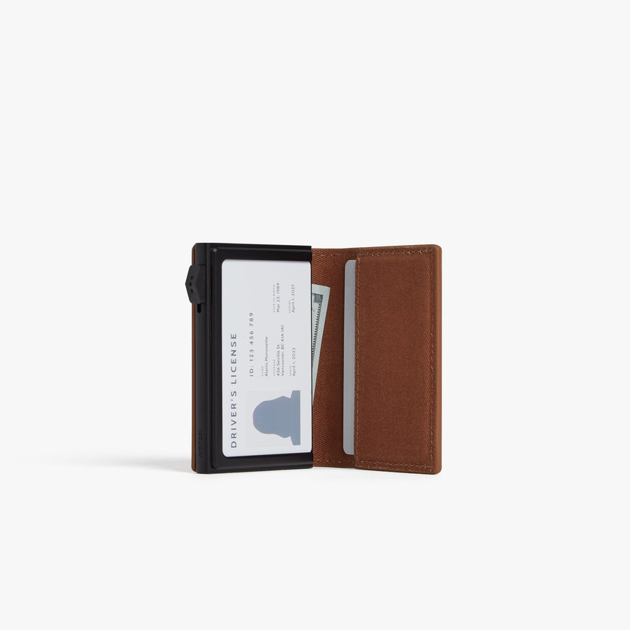 Mahogany / Black | Open view of Slim Wallet Pro with cards in Mahogany / Black