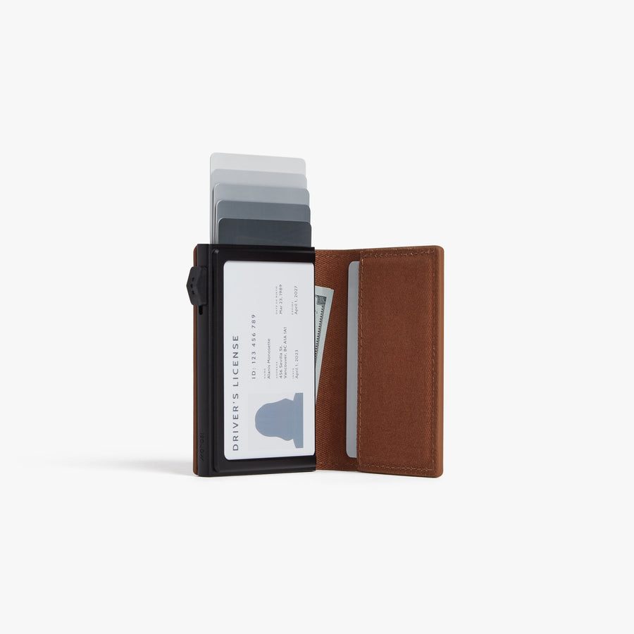 Mahogany / Black | Open view of Slim Wallet Pro with cards in Mahogany / Black