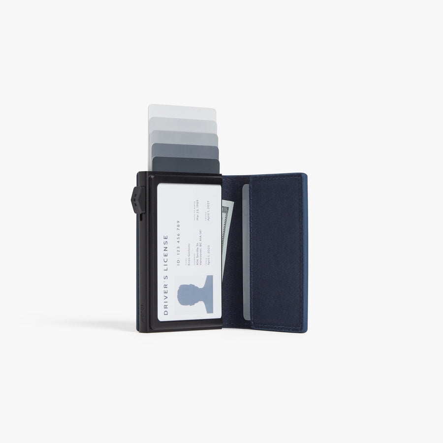 Oxford Blue / Black | Open view of Slim Wallet Pro in Oxford Blue / Black