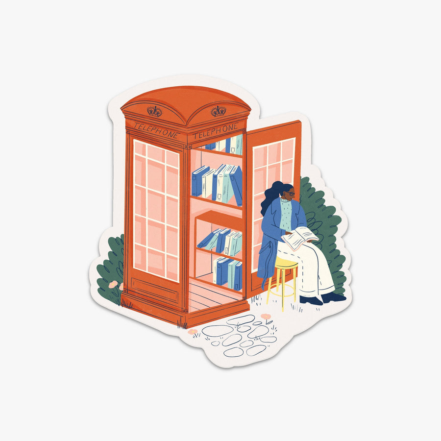 London Destination Stickers | London telephone booth with books inside and a woman reading