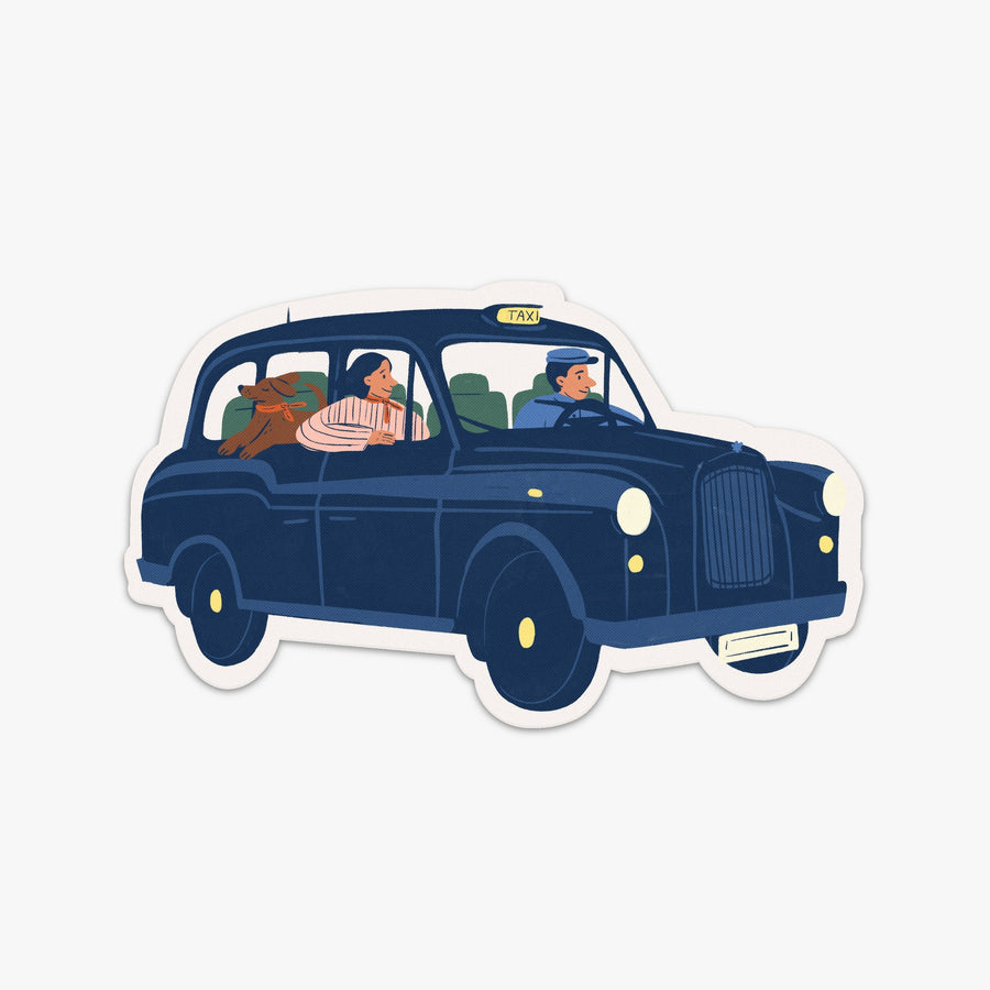 London Destination Stickers | London blue taxi with a person and a dog