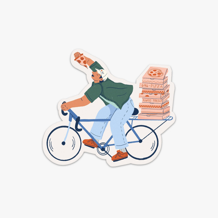 New York Destination Stickers | New York pizza delivery guy in bicycle eating pizza
