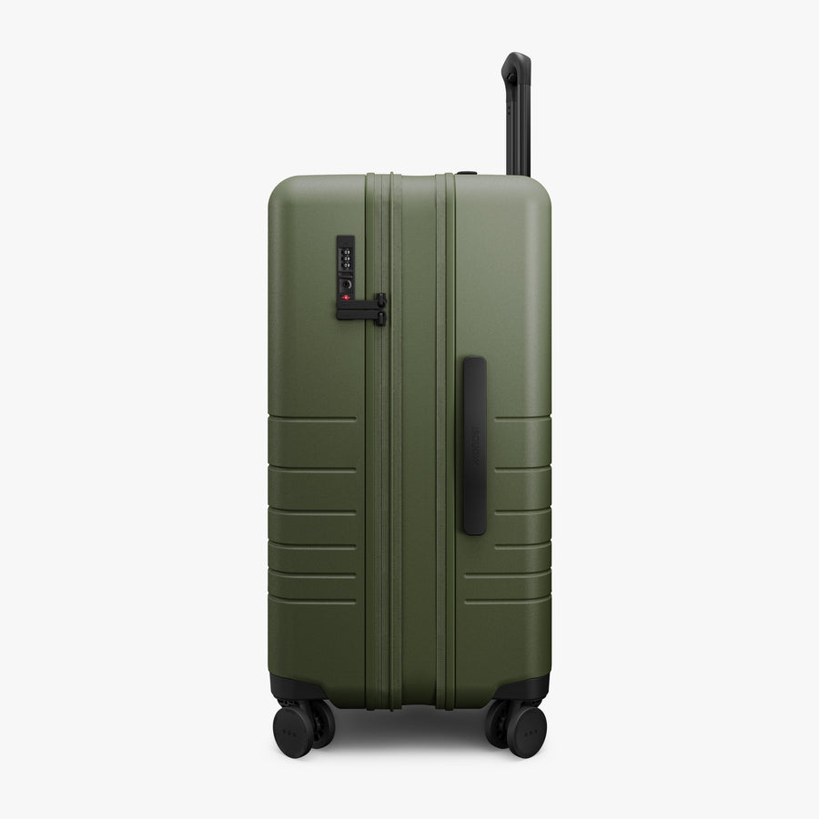 Olive Green | Expanded zipper view of Expandable Check-In Medium in Olive Green