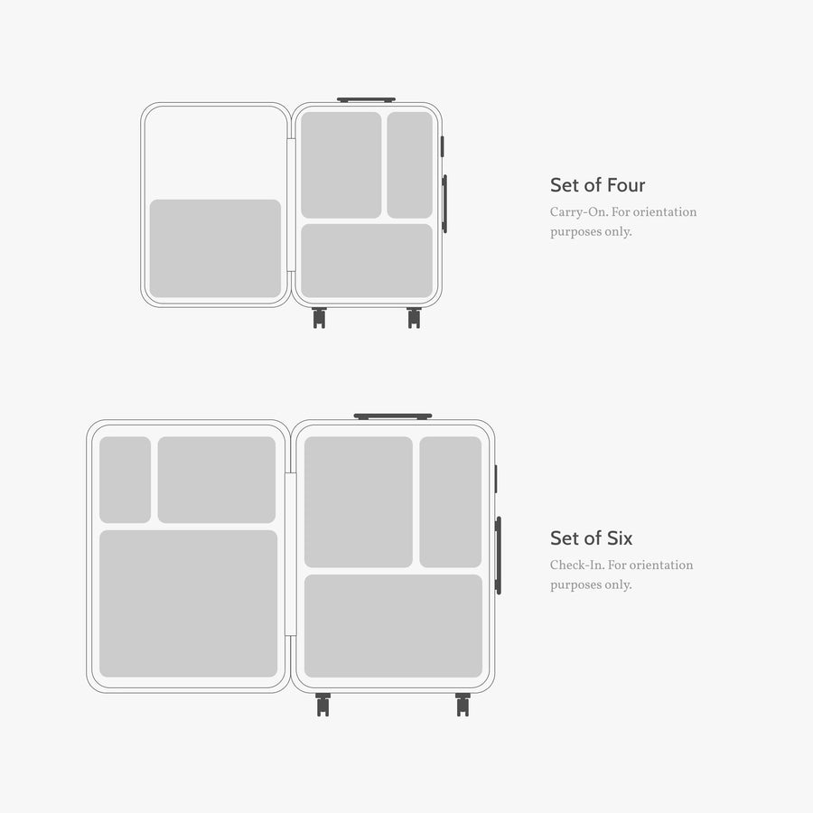Set of Six / Poplin Stripe Black | Diagram showing the layout and capacity of the Set of Four and Set of Six compressible packing cube collections