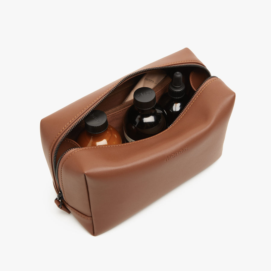 Large / Mahogany (Vegan Leather) | Interior front view of Metro Toiletry Case Large in Mahogany