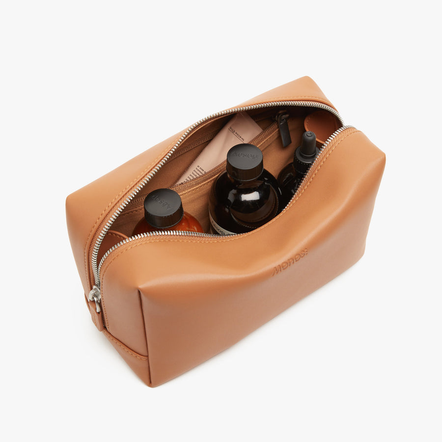 Large / Saddle Tan (Vegan Leather) | Interior front view of Metro Toiletry Case Large in Saddle Tan